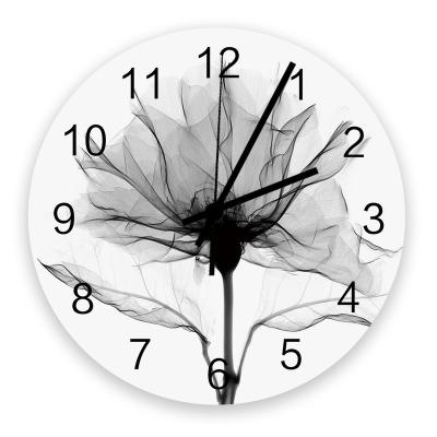 China Antique simple design round romantic gray flower decoration home style cheap plastic wall clock for home for sale