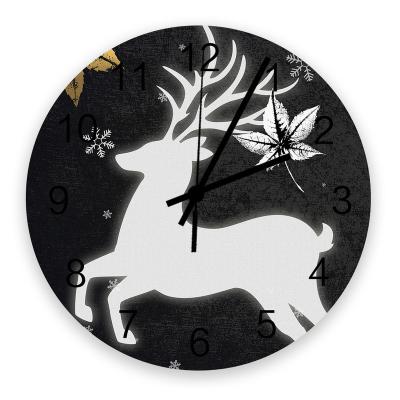 China Antique Style Christmas Elks Round 3D Wooden Black Nordic Wooden Digital Wall Clock Large For Home Decor for sale