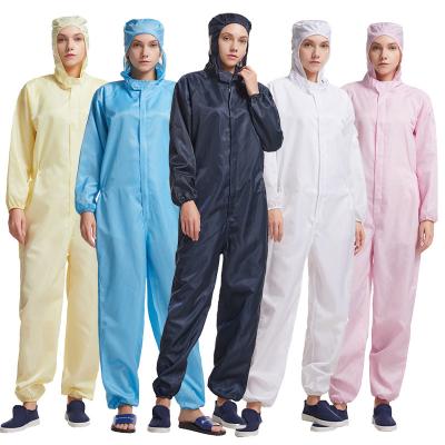 China Polyester + Conductive Fiber Wholesale ESD Overalls Colors Single Clean Room Anti Static Overalls Set With Hood ESD Clothes Suit for sale