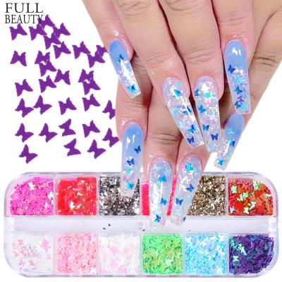 China Easy Apply 12 Grids Nail Glitter Decals Laser Butterfly Nail Sticker and Colorful Decals Flower Nail Sticker for sale