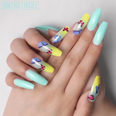 China Eco-Friendly Blue Coffin Butterfly Press On Fake Nails Private Label Ballerina Full Cover Butterfly Nails for sale