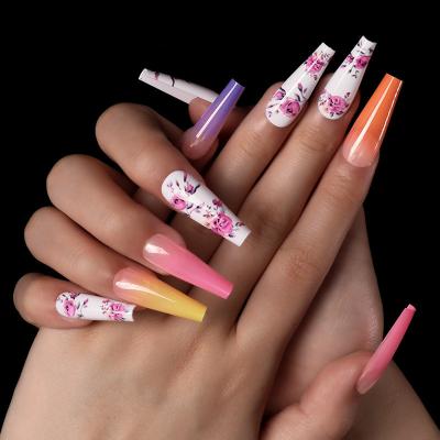 China Coffin Rose Press On Nails Private Label Long Colored Gradient Eco-Friendly Rose Fake Nails for sale