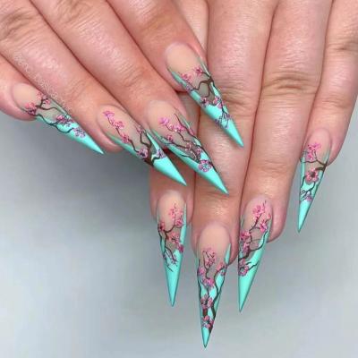 China Eco-friendly Flower Long Artificial Nails Shape Stiletto Press On Fake Nails Private Label Full Cover Nail Tips for sale