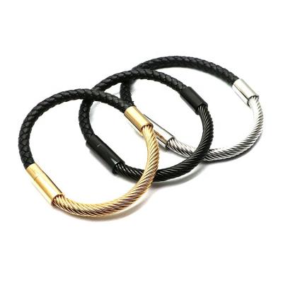 China 2020 CLASSIC HS Jewelry Handmade High Quality Braided Stainless Steel Charm Black Leather Rope Bracelet For Men for sale