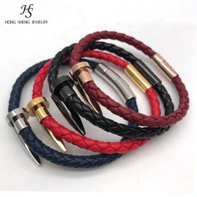 China Stainless Steel Inlaid Lether HS 316l Genuine Leather Cuff Open Bangle Genuine Stainless Steel Stud for sale