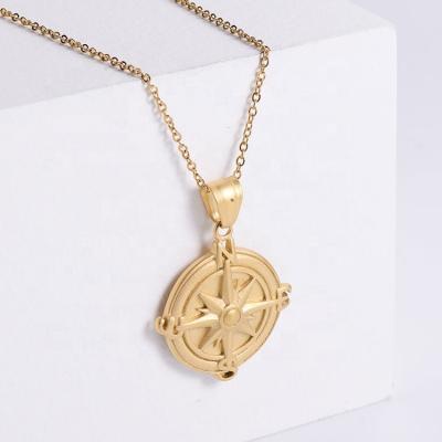 China HS TRENDY Jewelry Vintage Compass Cast Stainless Steel Pendant Plated 18K Gold Necklace for sale