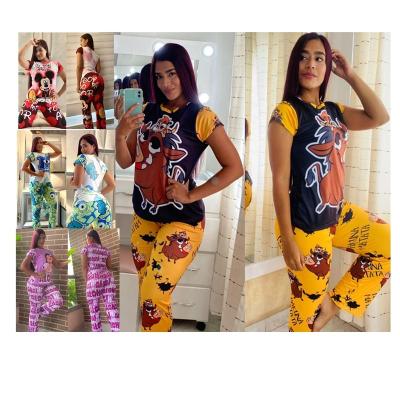 China QUICK DRY Ready To Ship 2021 Latest New Arrival Night Wear Sleepwear Women Cartoon Characters 2 Piece Pajamas Short Sleeve Long Panty Set for sale