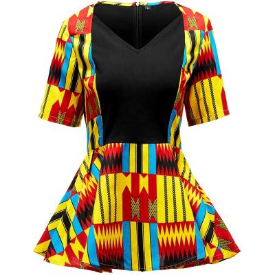 China African Print V-Neck African Short Sleeve Dress Women's Polyester Clothing Midi Casual Dress For African Women for sale