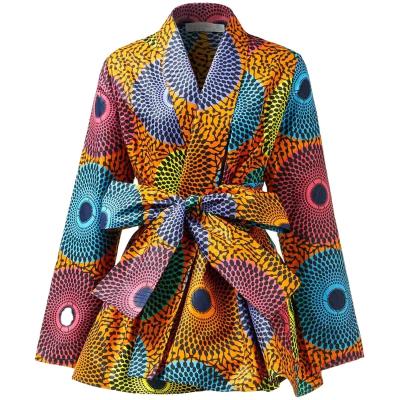 China Custom Made Hot African Ankara Jacket Print Fashion Cotton Long Sleeve Women Tops With Belt Wholesale for sale