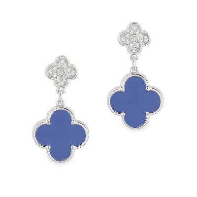 China Durable Wholesale Classic Blue Ceramic Four Leaf Clover Design 925 Silver Stud Earrings For Women for sale