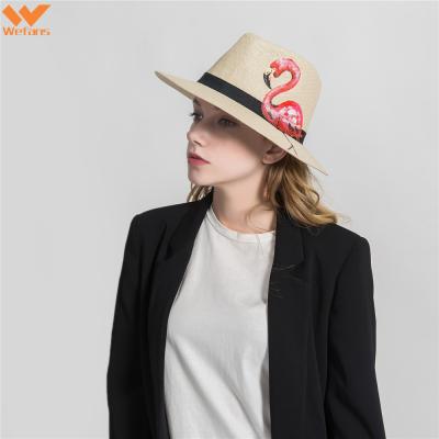 China Wefans Jazz Beach Fedora Cap Summer Sun Hat Two Flamingo Pineapple Patterns Straw Hat Striped Panama Hat For Women for sale