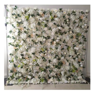 China Wall Flower Price Favorable Wedding Roll Up Artificial White Rose Iron Stand Plastic Flower Wall Hanging Backdrop Grass Wall for sale