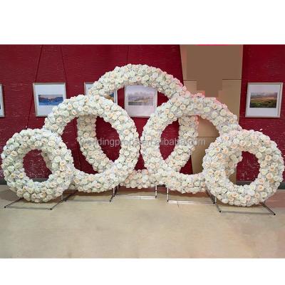 China Metal frame+artificial flowers wedding white Rose Artificial Flowers Panel Arch five ring circle backdrop wedding backdrop stand decoration for sale