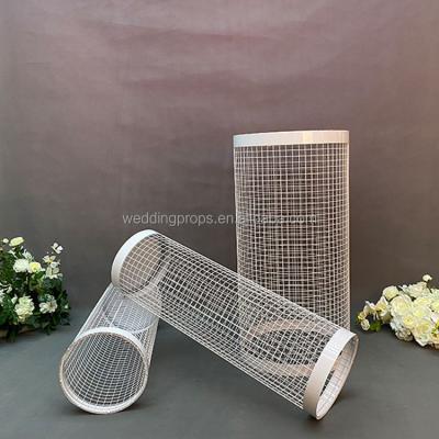 China White Europe Iron Round Display Pedestals Stand Metal Mesh Wire Cylinder Wedding Decoration Supply for sale