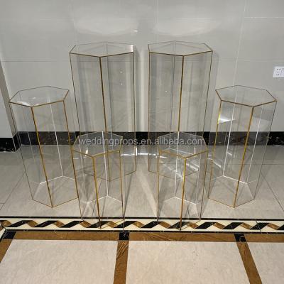 China Customized Cake Stand Wedding Clear Acrylic Display Stand Hexagon Pedestals With Gold Trim for sale