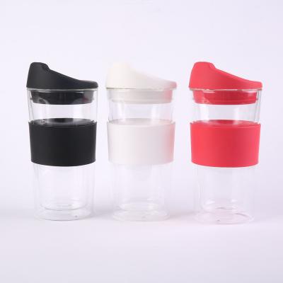 China Sustainable Hot Selling Reusable Double Wall High Borosilicate Glass With Silicone Sleeve And Lid for sale