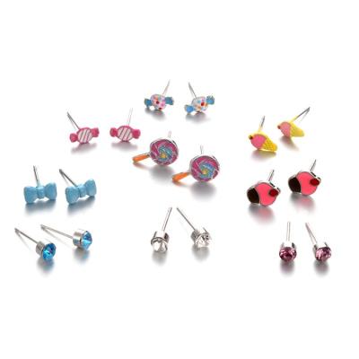 China New Style Fashion Cute Series Candy Bowknot Popular Cute Fruit Charm 9 Pairs Combination Set Alloy Stud Earrings for sale