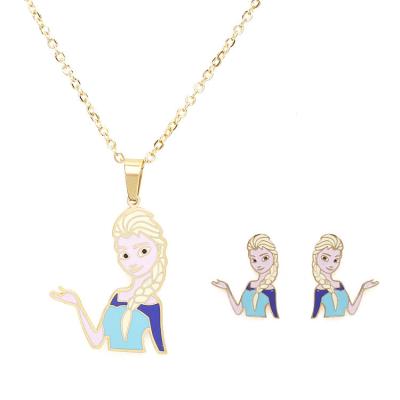 China Popular Cute Snow Wonder Theme Stainless Steel Ice and Princess Jewelry Sets Necklace and Earring Sets for Girls Jewelry for sale