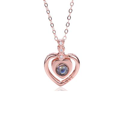 China 925 Sterling Silver Romantic Projection Hundred Languages ​​I Love You Heart Shaped Pendant Necklace for sale