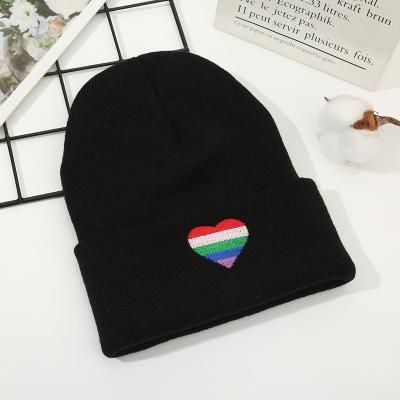 China Men's and women's colorful love embroidered woolen winter hat COMMON hot sale warm knitted beanie for sale