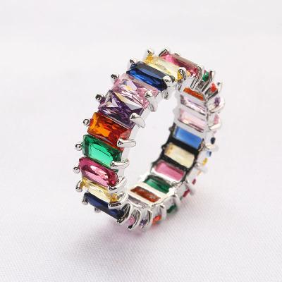 China Cute European and American new rainbow color micro-paste zirconium ring retro square personality hip-hop male and female ring for sale