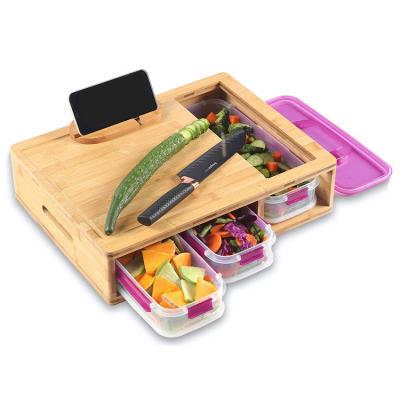 China Sustainable Hot Selling Large Bamboo Cutting Board Set With Storage Basket 4 Plastic Containers Draws Rectangular Custom Made Wooden Chopper for sale