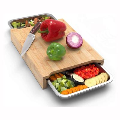 China Sustainable Design Large Space Saver Bamboo Chopping Cutting Board With 2 Stainless Steel Trays for sale