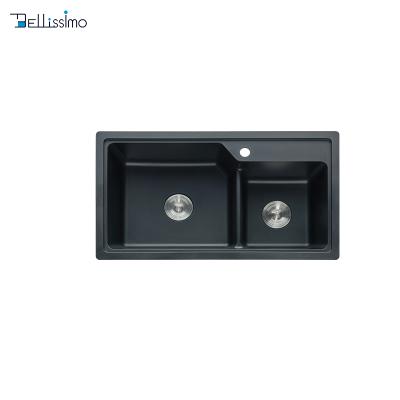 China Without Faucet LD-SP01 750*420*220 Matte Black Classic Double Bowl Granite Top Quality Kitchen Sinks For Sale for sale