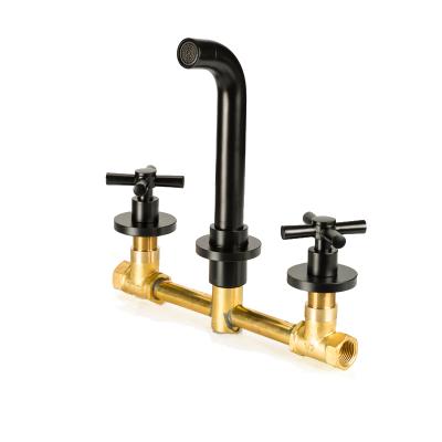 China Luxury Double Handle Bathroom Basin Faucet Mixer Taps SM23071 Wall Mounted Black Brass Faucet for sale