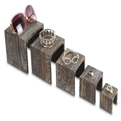 China Waterproof Rustic Coffee Color 5 Pieces Wooden Jewelry Display Stand Multi Functions for sale