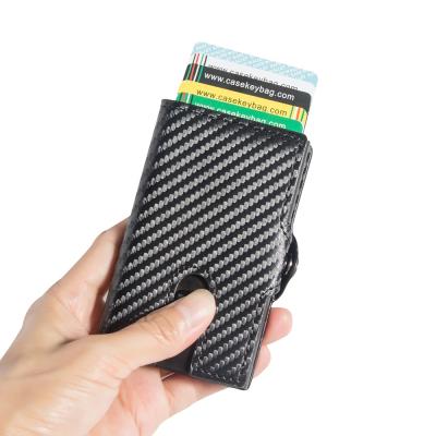 China Anti Theft Carbon Fiber Noise Metal Wallet Leather Rfid Blocking Automatic Aluminum Credit Card Holder Custom for sale