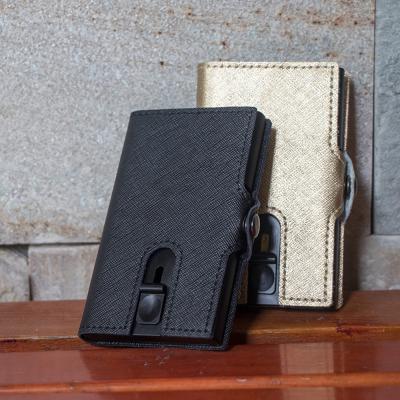 China Real Pattern RFID Casekey Leather Wallet Credit Card Holder Aluminum RFID Men's Coin Zipper Pouch Protection Crossover for sale