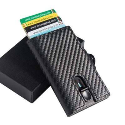 China Anti-theft Carbon Fiber Leather Rfid Blocking Metal ID Card Badge Holder Sleeve for sale