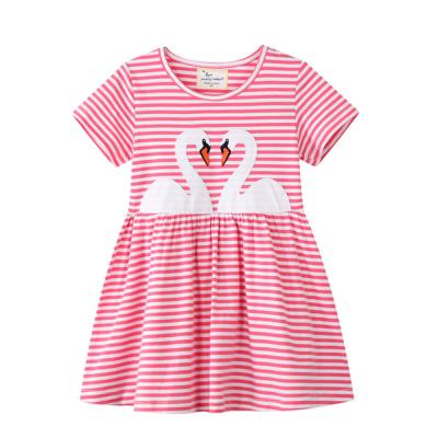 China Summer Breathable O Neck Short Sleeve Embroidery Swan Girl Stripe Dress For 2 3 4 5 6 7 Years Baby Girl Kids for sale