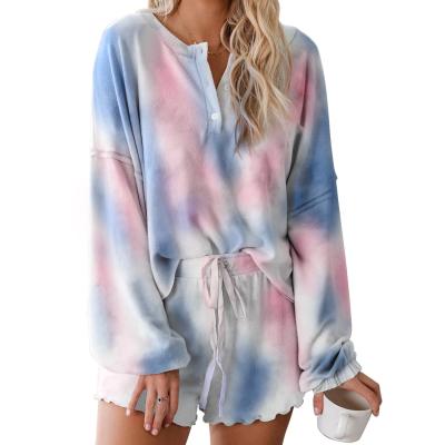 China QUICK DRY Custom Logo Pajamas Suit Women Night Wear Lounge Wear Tie Dye Cotton Sweatsuit Sets for sale