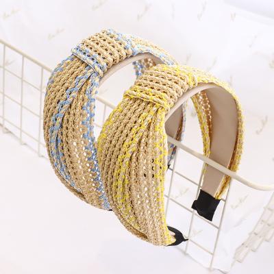 China New Fashion Hair Decoration Double Circle Lafite Headband Women Hair Band Korean Raffia Medium Crossed Retro Accessories Wide Brim Knot Headband for sale