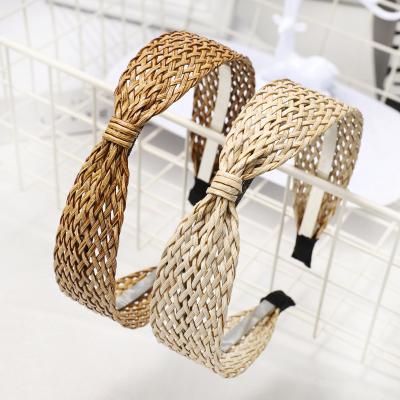 China Lafite Headband Women Hair Accessories Solid Color Raffia Knot Korean Hand Knitting Headband Retro New Hair Decoration Fashion Hair Circle for sale