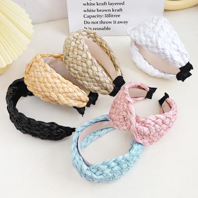 China Hair Decoration Retro Raffia Headband Lafite Solid Color Braided Wide Brim Headband Women Braiding Hair Accessories Raffia Cross Headbands for sale