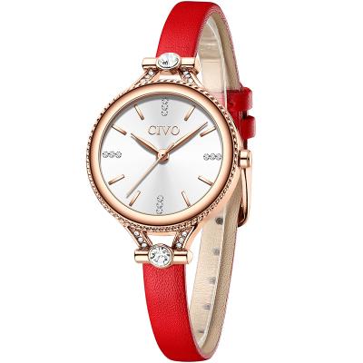 China Civo Brand Custom Logo Ladies Wristwatch Red Genuine Leather Watch Band Day/Date Crystal Quartz Clock for sale