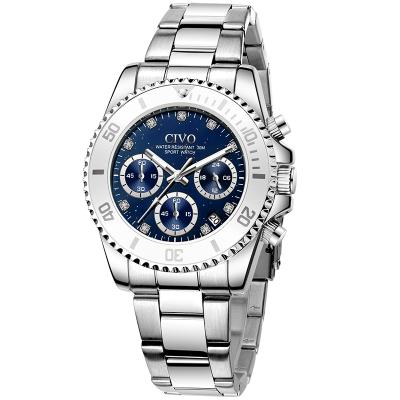 China Chronograph Civo Brand Manufacturer OEM /Odm Blue Dial Stainless Steel Strap Chronograph Silver Lady Sport Quartz for sale