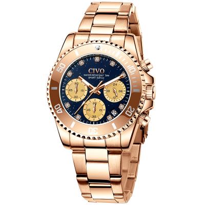 China Luxury Waterproof Custom Logo Belt Brand Civo Chronograph Wrist Quartz Female Watch Logo Coffee Gold Stainless Steel for sale