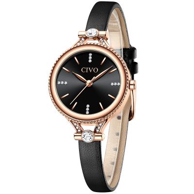 China Civo Day/Date Crystal Black Genuine Leather 3atm Wrist Band Sports Quartz Luxury Waterproof Watch Women for sale