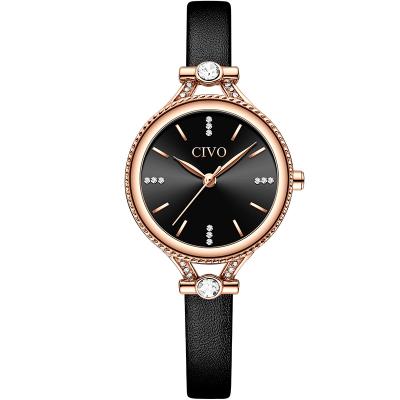 China Civo Brand Day/Date Water Resistant Fashion Lady Watch Black Genuine Leather Strap Band Quartz Watches for sale