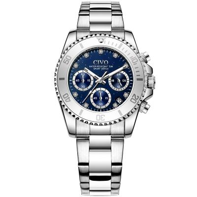 China Luxury Wrist Chronograph CIVO Girl Dial Stainless Steel Blue Strap Waterproof 30m Quartz Clock for sale