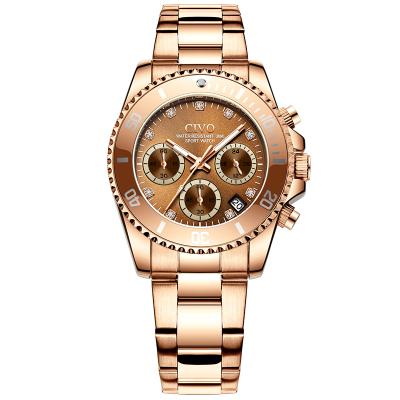 China Fashion CIVO Chronograph Lady Wristwatch Coffee Gold Dial Stainless Steel Band Quartz Top Watch for sale