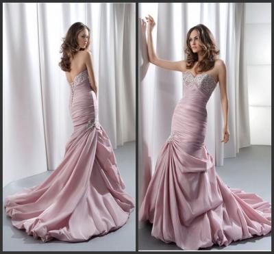 China Sheath Womens Evening Dresses Beaded Pleats Satin Sweetheart  Pick-Ups Lapel Train for sale