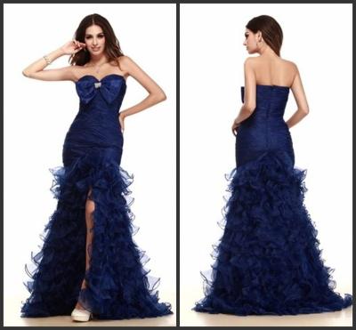 China Sweetheart Sheath Organza Bow Prom Dresses , Split Front Maxi Dress Cascading Ruffles for sale