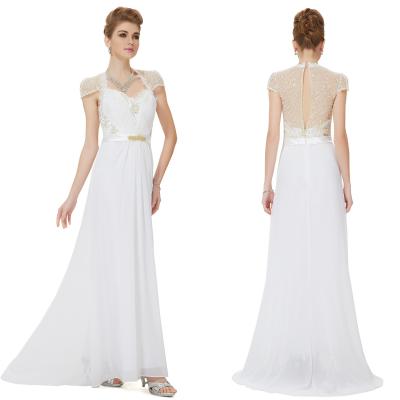 China White Full Length Cap Sleeve Womens Prom Dresses with Sequins Sash / Lace Applique for sale