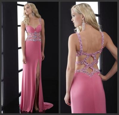 China Split Front Maxi Dress Sheath Sweetheart Beaded Prom Dresses with Open Back for sale