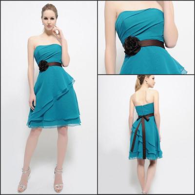 China Ribbon Ruffles Flower Satin Short Strapless Evening Dresses with Open Back for sale